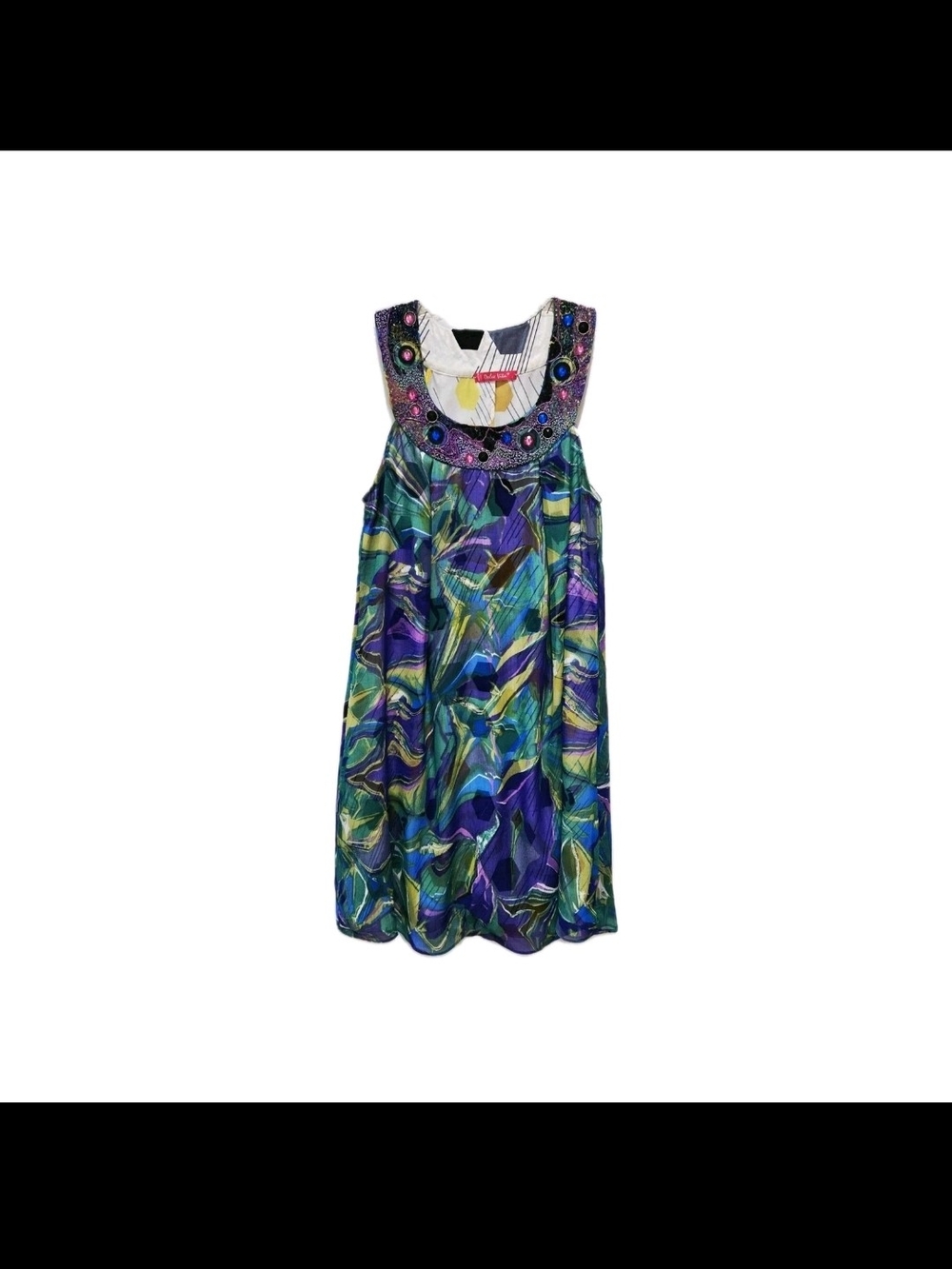Vtg Multi-Color Beaded Neckline Sleeveless Dress